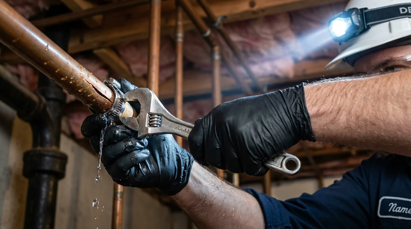 Emergency pipe clamp repair being performed by a Johns Plumbing LLC plumber in Shingle Springs