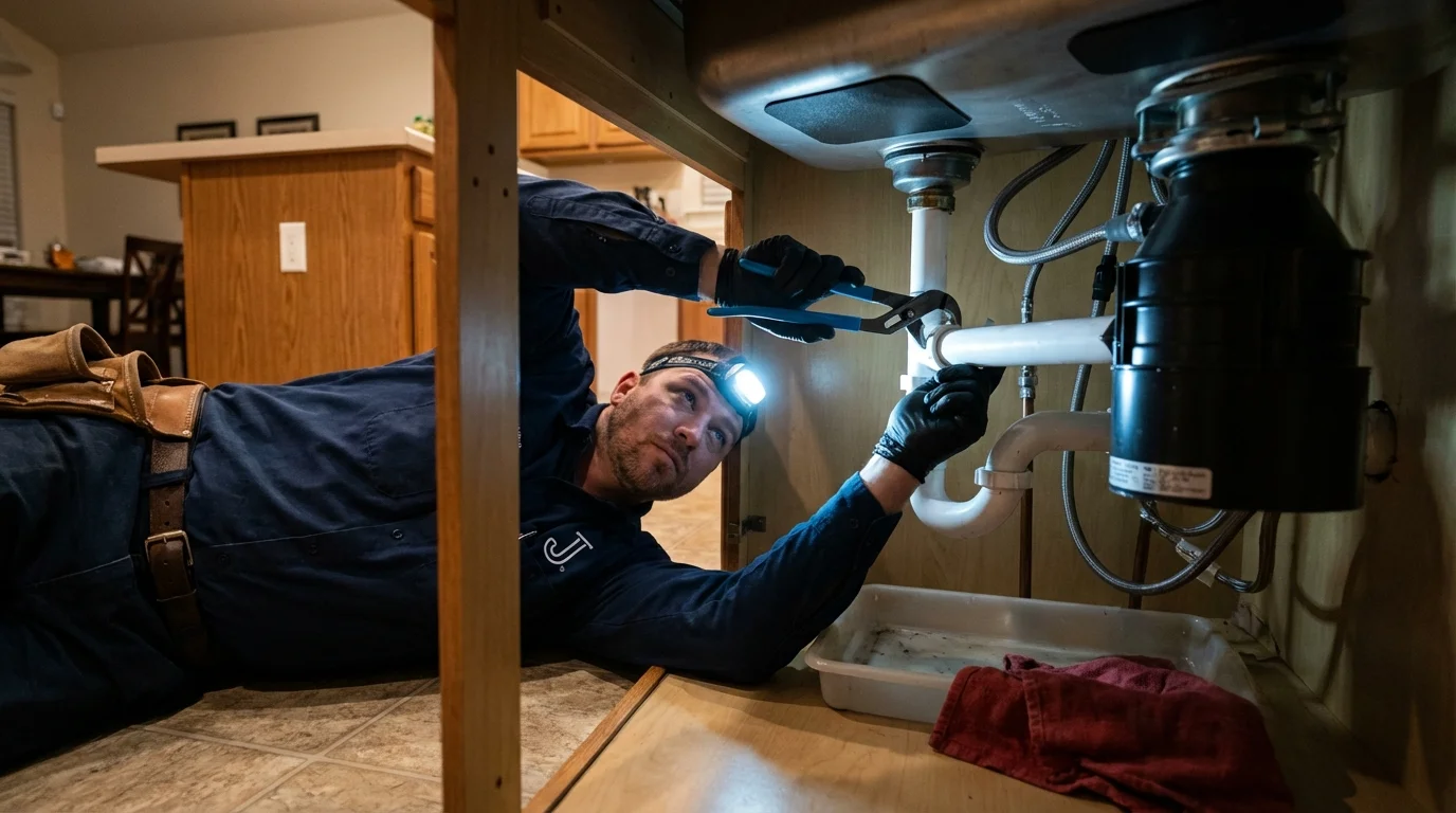 P-trap and supply line connections under a kitchen sink showing a common leak point in Shingle Springs, CA